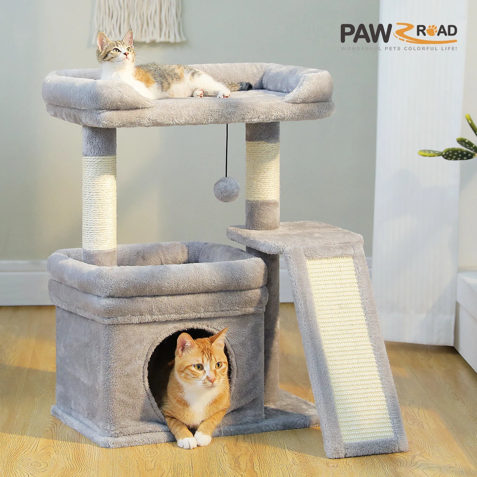 PAWZ Road Cat Tree with Condo, Sisal Scratching Post & Wide Top Perch