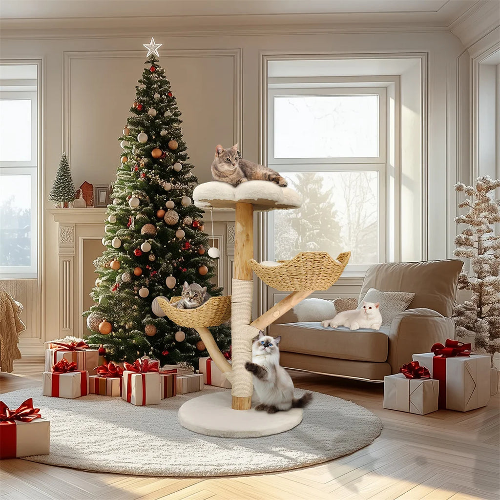Modern Cat Tree Activity Center – 110cm Wooden Climbing & Scratching Tower