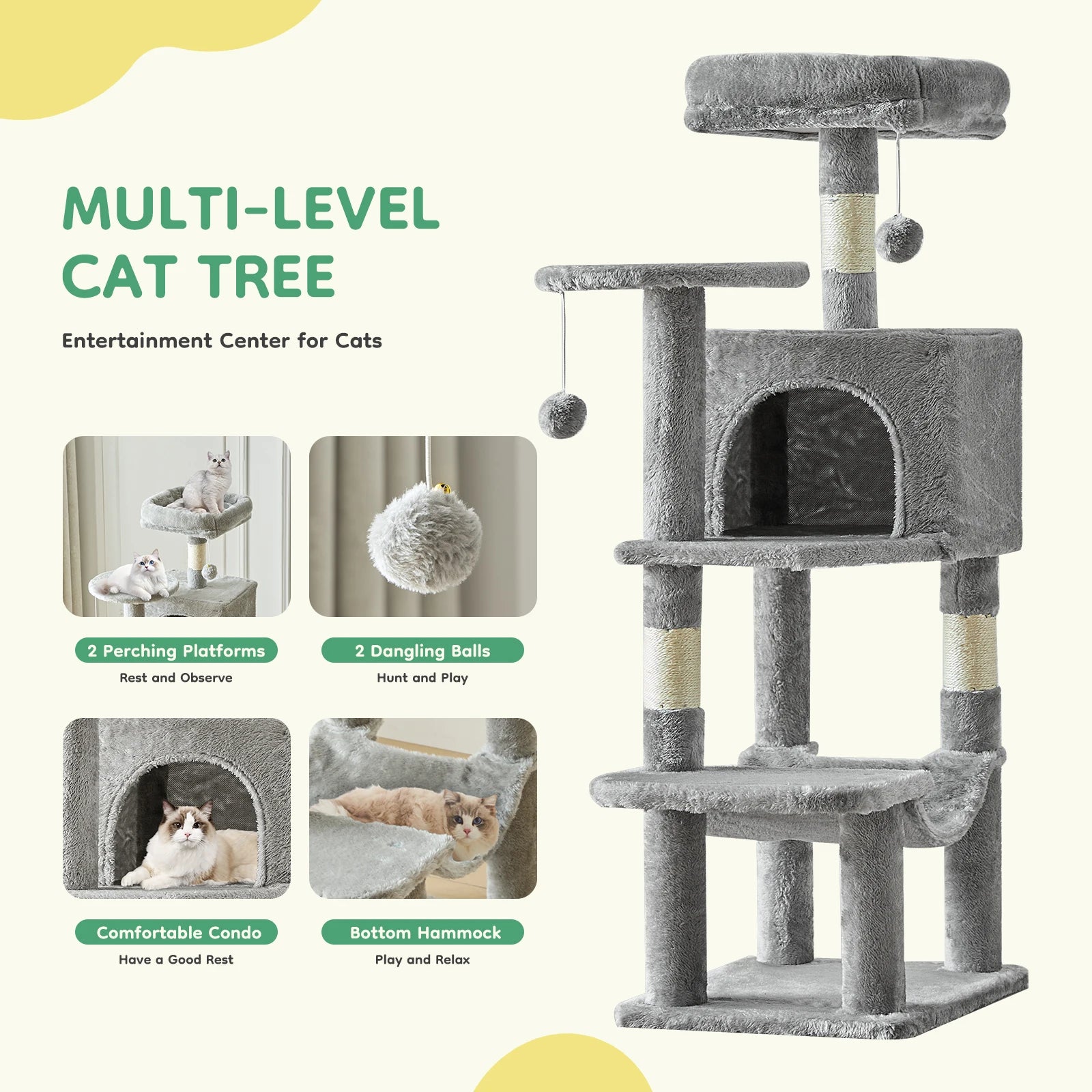 JHK 44-Inch Multi-Level Cat Tree with Condo, Sisal Scratching Posts & Activity Tower