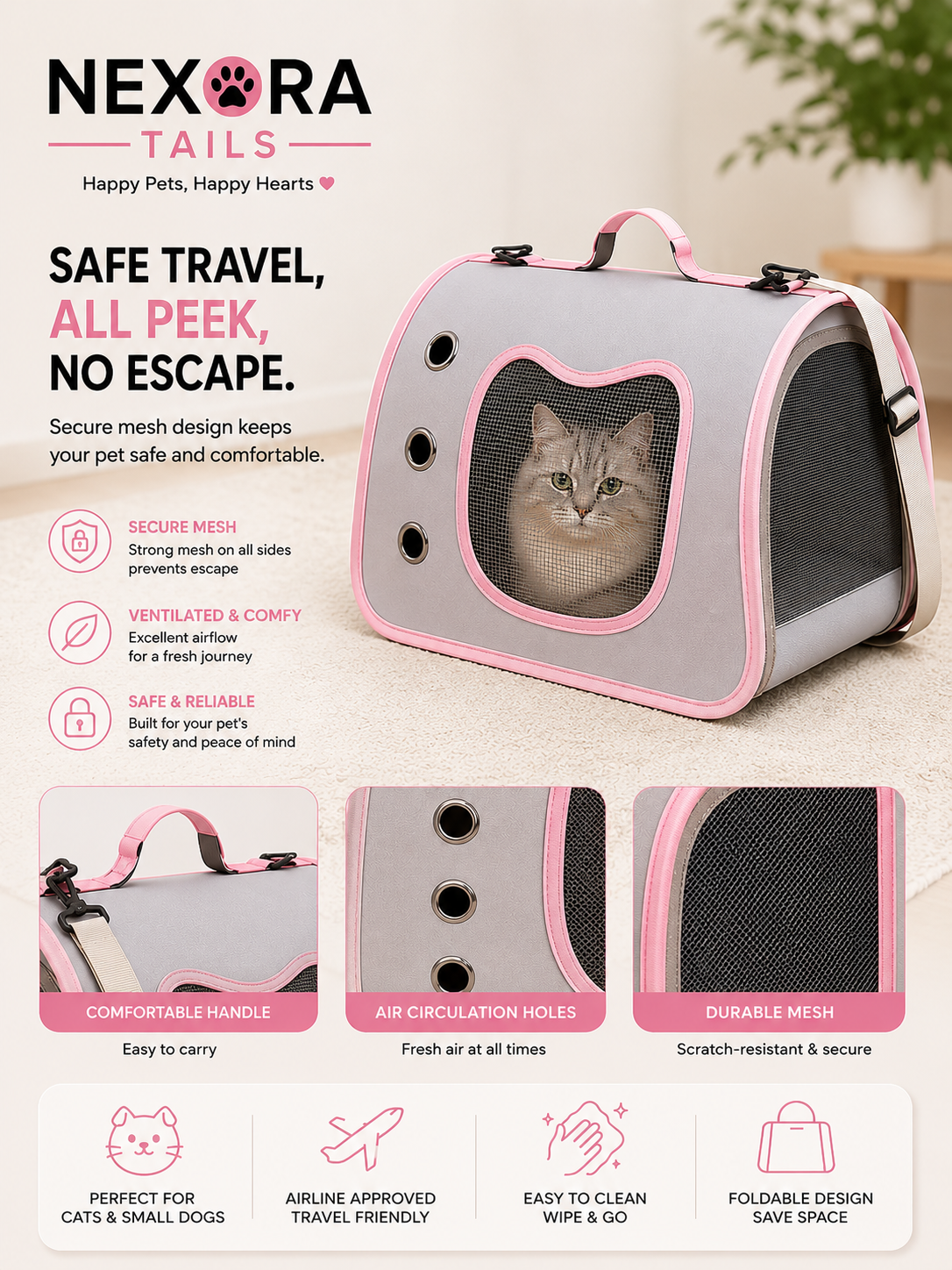 Foldable Pet Carrier Bag for Cats & Small Dogs