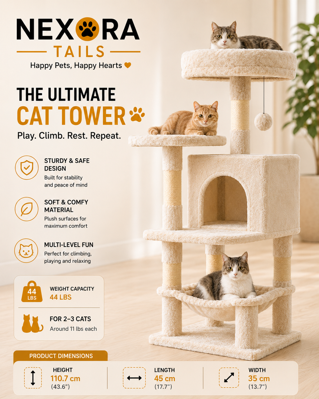 JHK 44-Inch Multi-Level Cat Tree with Condo, Sisal Scratching Posts & Activity Tower