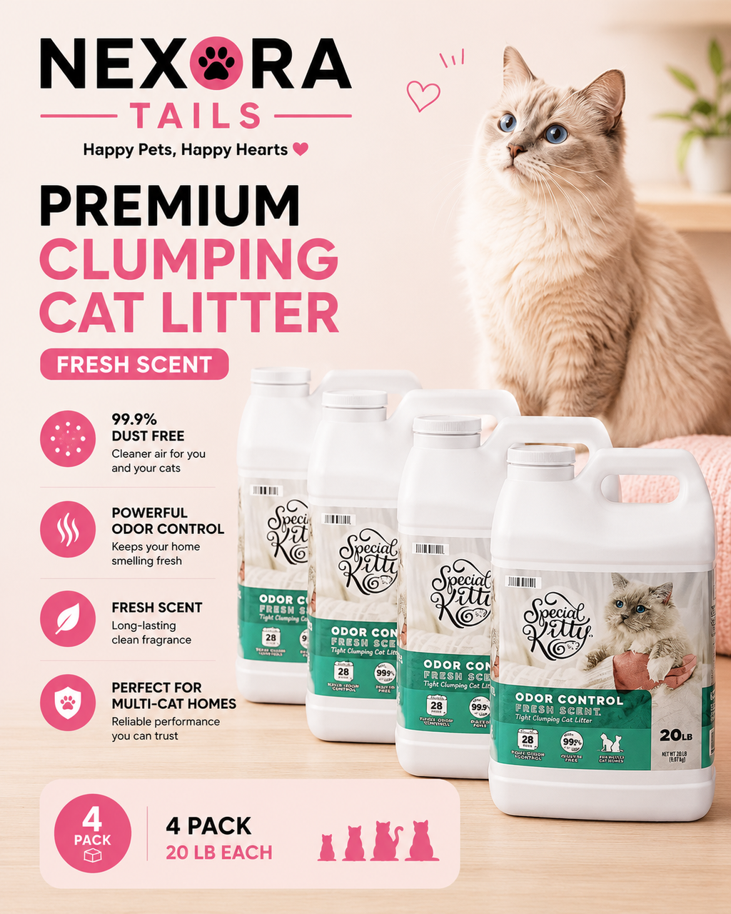 Premium Clumping Cat Litter – Fresh Scent | 4 Pack (20 lb Each)