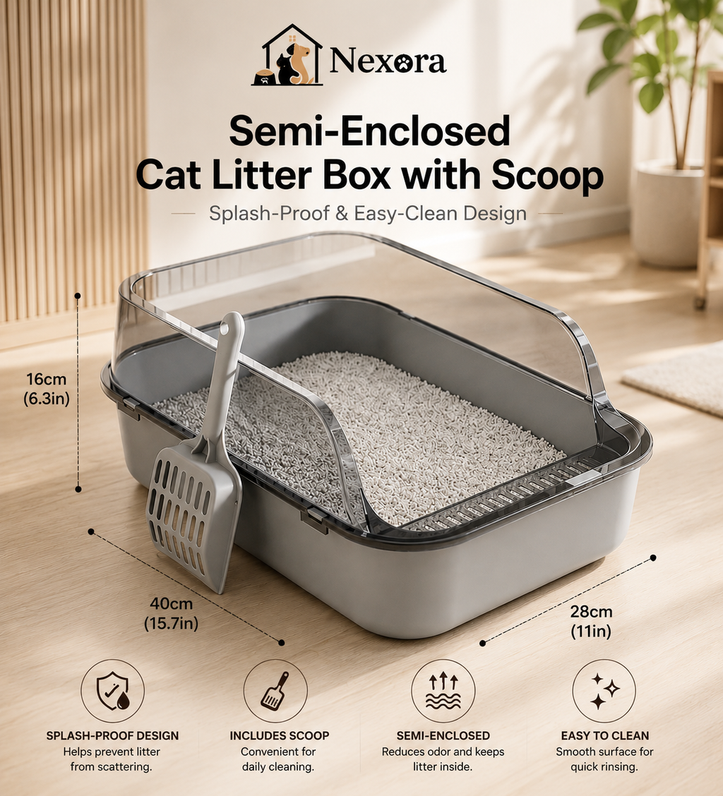 Semi-Enclosed Cat Litter Box with Scoop – Splash-Proof & Easy-Clean Design