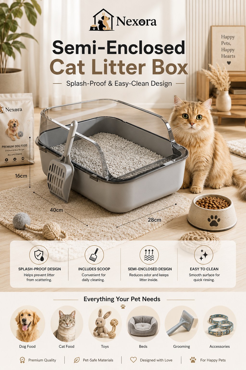 Semi-Enclosed Cat Litter Box with Scoop – Splash-Proof & Easy-Clean Design