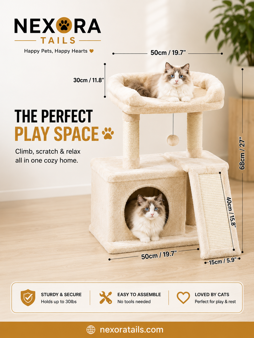 PAWZ Road Cat Tree with Condo, Sisal Scratching Post & Wide Top Perch