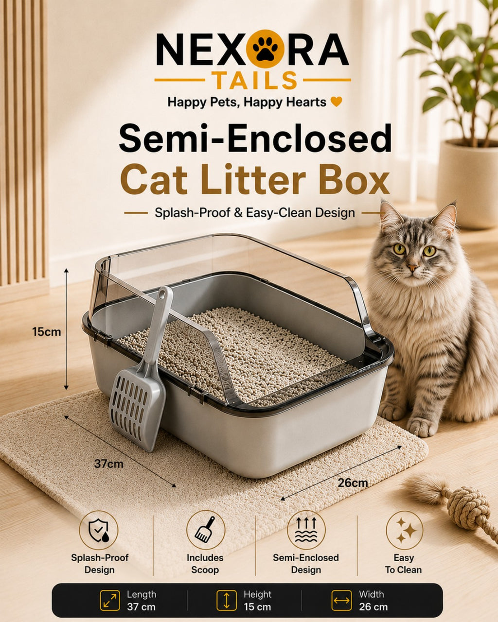 Semi-Enclosed Cat Litter Box with Scoop – Splash-Proof & Easy-Clean Design