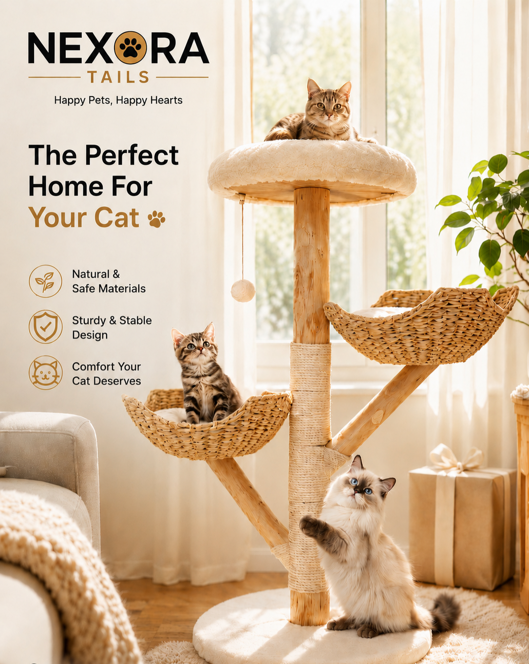 Modern Cat Tree Activity Center – 110cm Wooden Climbing & Scratching Tower