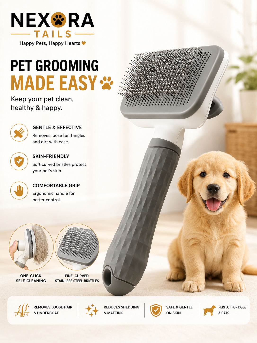 Pet Grooming Brush – Self-Cleaning Deshedding & Massage Comb for Dogs and Cats