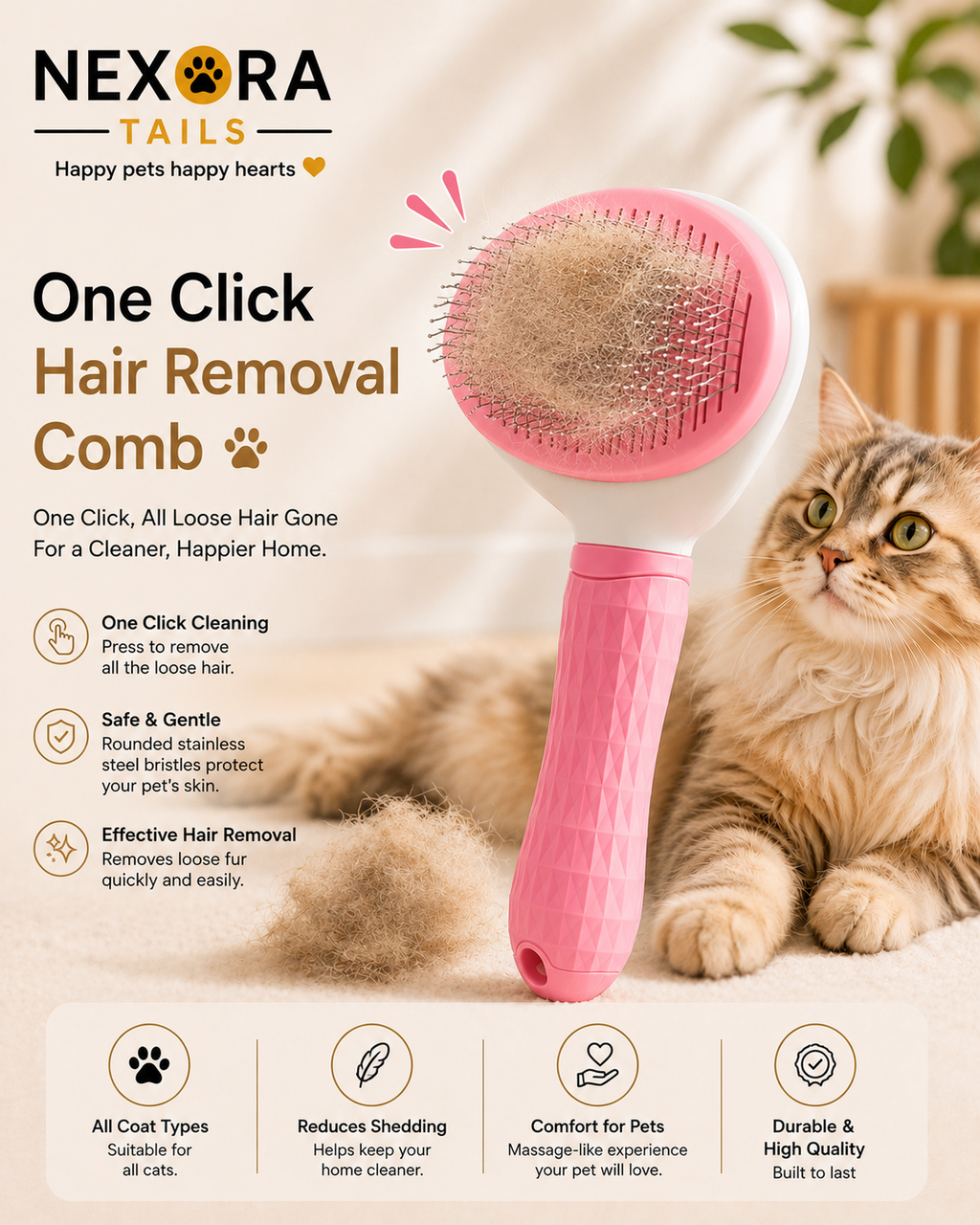 Self-Cleaning Pet Grooming Brush – Gentle Deshedding Comb for Dogs & Cats