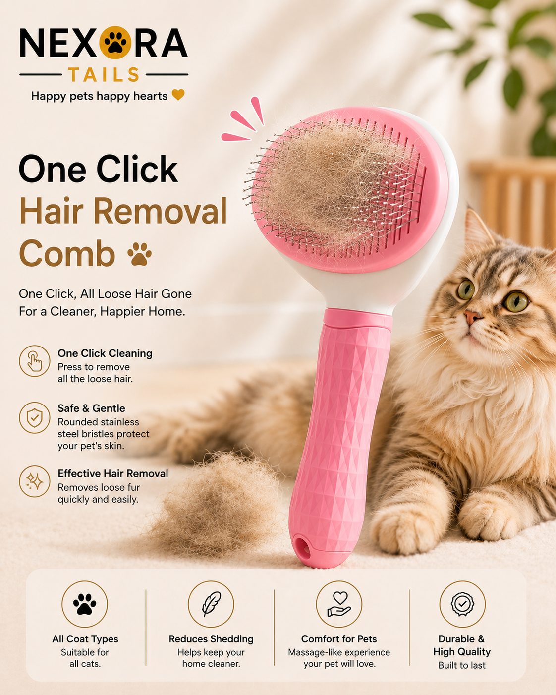 Self-Cleaning Pet Grooming Brush – Gentle Deshedding Comb for Dogs & Cats