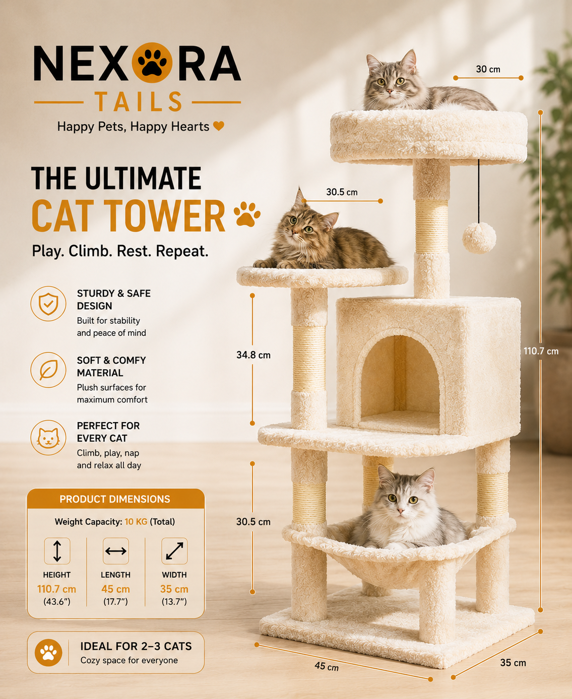 JHK 44-Inch Multi-Level Cat Tree with Condo, Sisal Scratching Posts & Activity Tower
