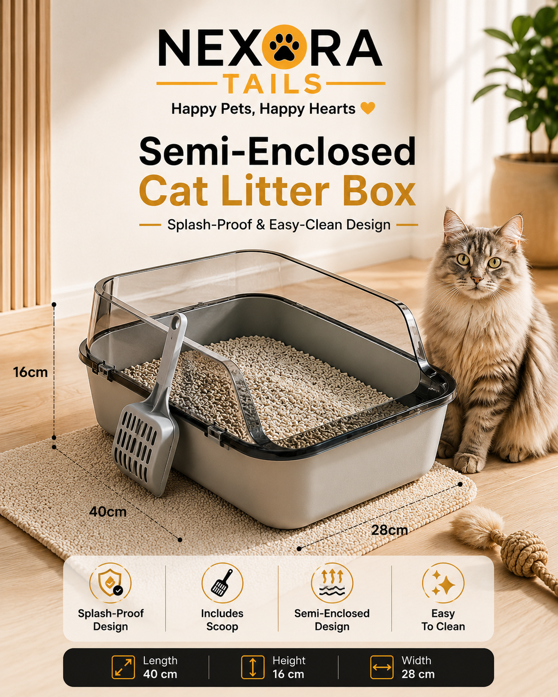 Semi-Enclosed Cat Litter Box with Scoop – Splash-Proof & Easy-Clean Design